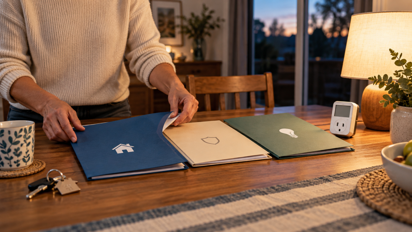 Calm household desk with energy, insurance and mortgage folders arranged neatly