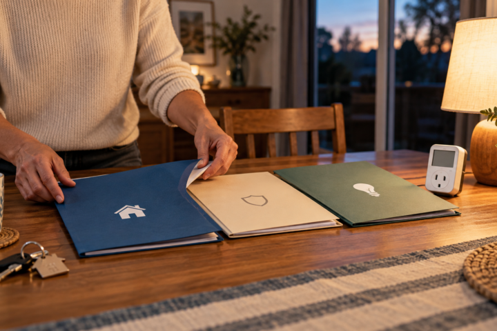 Calm household desk with energy, insurance and mortgage folders arranged neatly