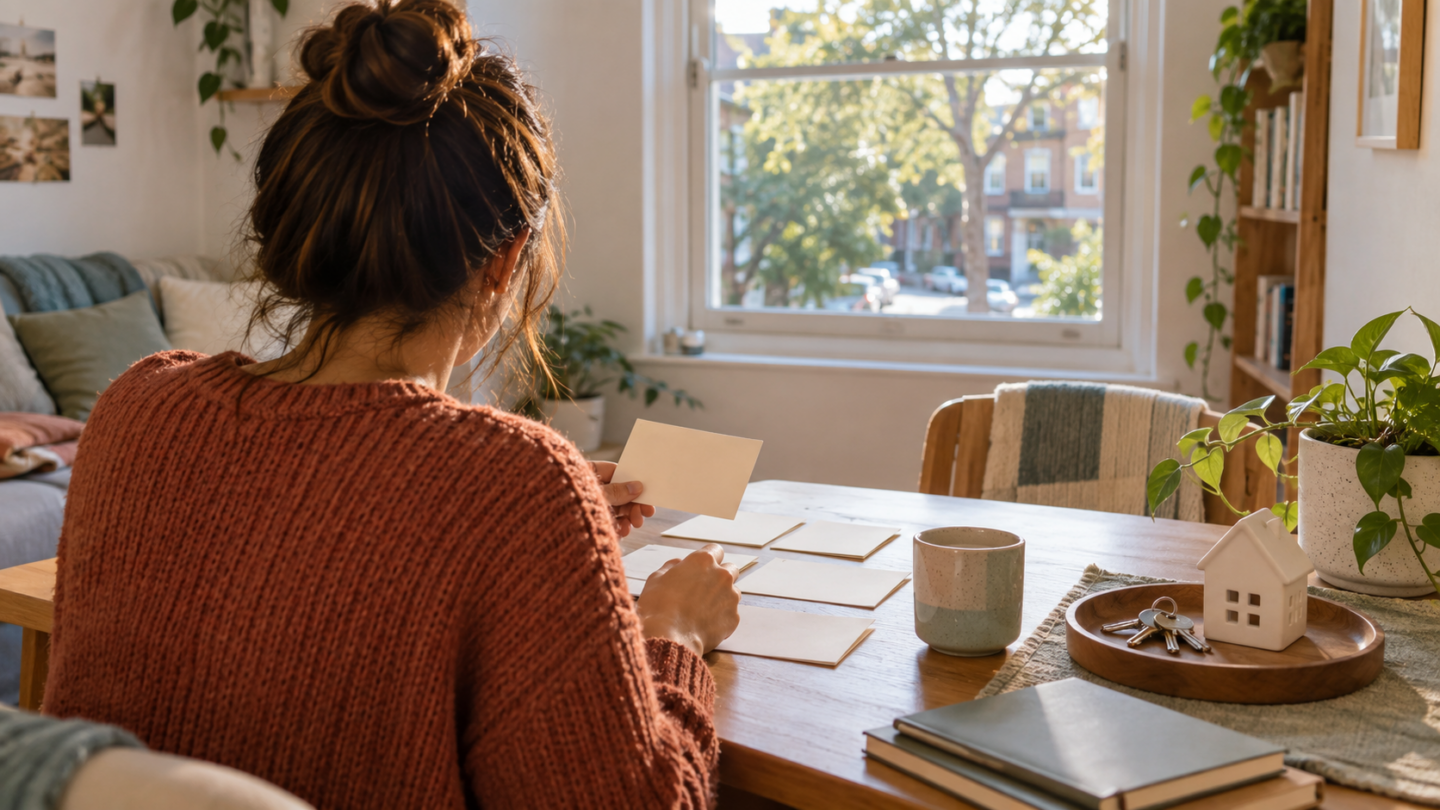 Sydney renter planning savings at a bright table beside house keys