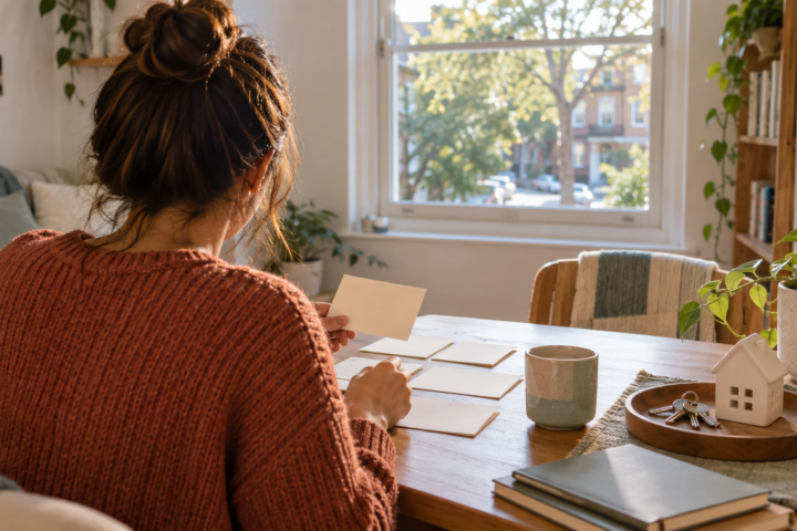 Sydney renter planning savings at a bright table beside house keys
