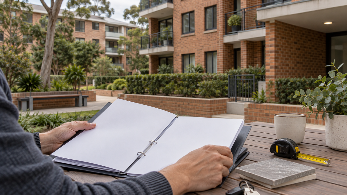 Sydney apartment building with organised household budget papers in the foreground