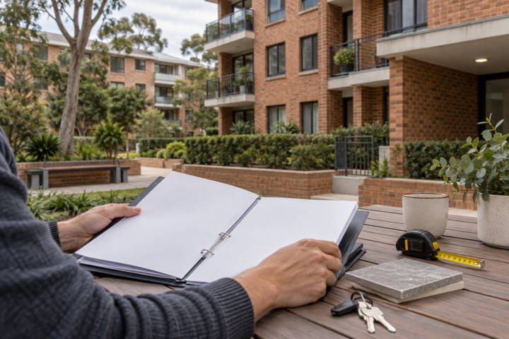 Sydney apartment building with organised household budget papers in the foreground